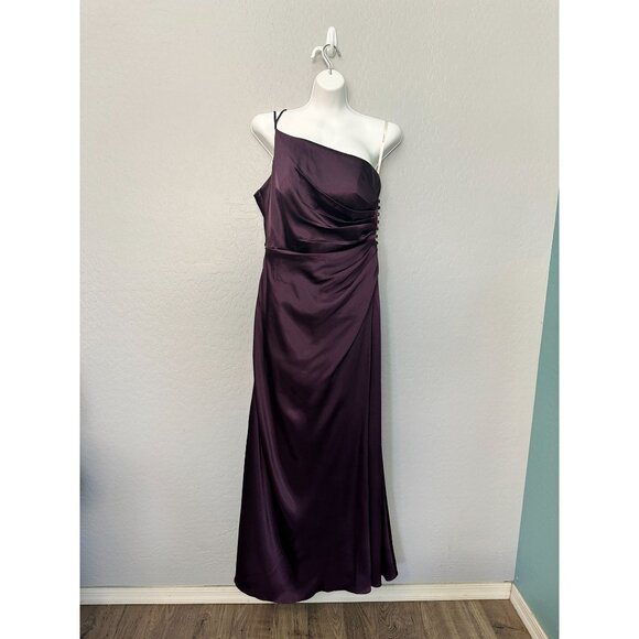 Galina Signature Charmeuse Draped One-Shoulder Plum Bridesmaid Dress Size 12 - Picture 5 of 11